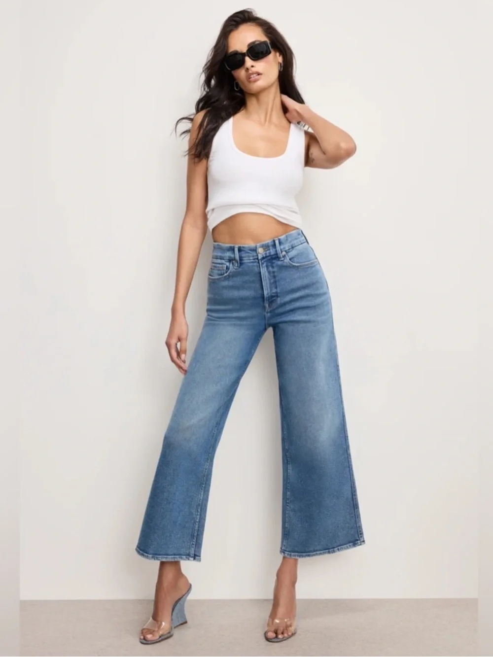 Good American Jeanius Good Skate High Waist Crop Wide Leg Jeans Light Indigo 14